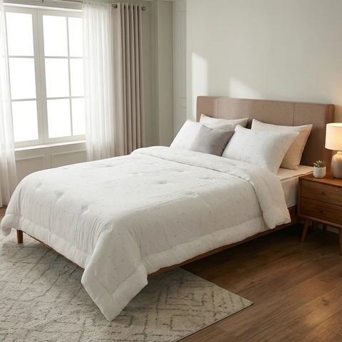 Neatly made bed with white bedding in a bright bedroom
