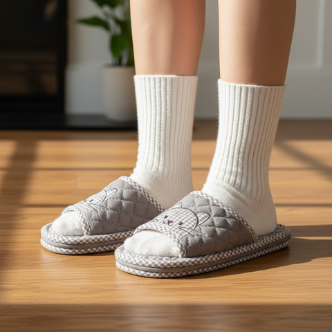 White socks with gray slippers on a wooden floor