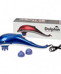 A blue and white dolphin-shaped Dolphin Infrared Massager shown with its retail box, two purple attachment heads, and a black power cord on a white background.