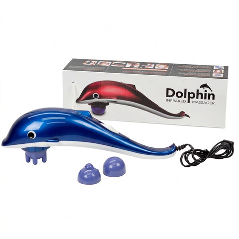 A blue and white dolphin-shaped Dolphin Infrared Massager shown with its retail box, two purple attachment heads, and a black power cord on a white background.