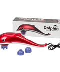 Red dolphin-shaped infrared massager with packaging on a white background