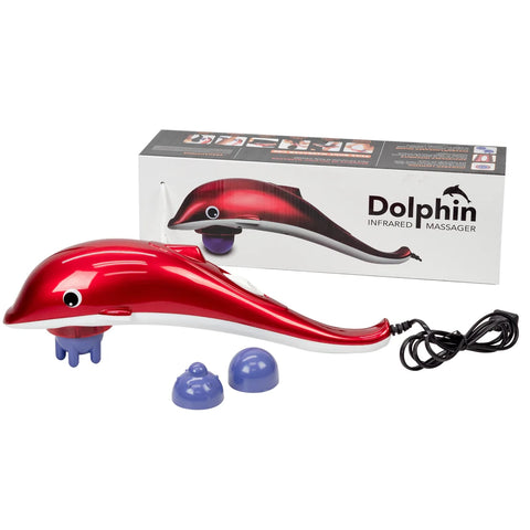 Red dolphin-shaped infrared massager with packaging on a white background
