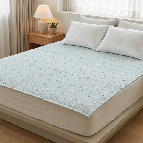Light blue mattress cover on a bed in a bedroom setting with a lamp and plant on a nightstand.