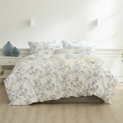 Floral patterned duvet cover set on a bed in a bedroom setting.