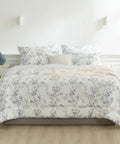 Floral patterned comforter set on a bed in a bedroom setting.