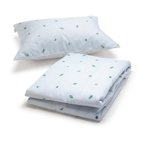 A bedding set featuring a light blue and white striped pillowcase and matching comforter, both decorated with a small green leaf pattern, shown on a white background.