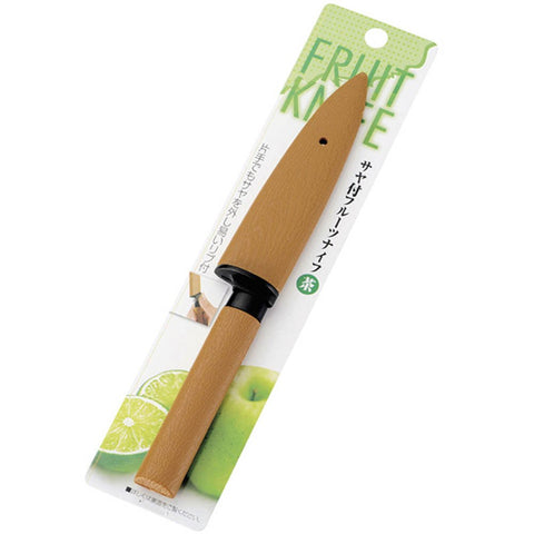 A wooden fruit knife with a light brown handle and blade, featuring a black collar, packaged on a white and green cardboard backing with the words 'FRUIT KNIFE' visible.