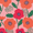 A close-up of a floral patterned dish cloth featuring large orange and red poppy flowers with green leaves on a light pink textured background.