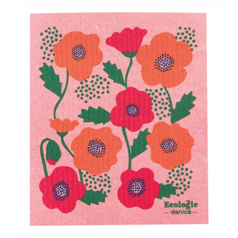 Floral patterned cloth with 'Ecoologie danica' branding on a pink background