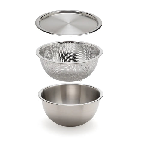 Set of steel kitchen bowl and colander with lid on a white background