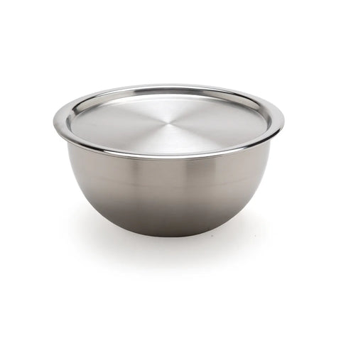 Stainless steel mixing bowl on a white background