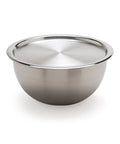 Stainless steel mixing bowl with lid on a white background