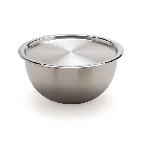 Stainless steel mixing bowl with lid on a white background