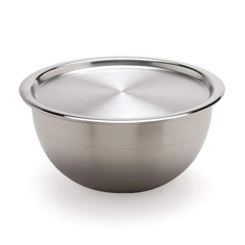 Stainless steel mixing bowl with lid on a white background