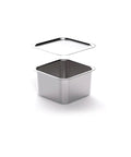 Stainless steel food pan with cover on a white background