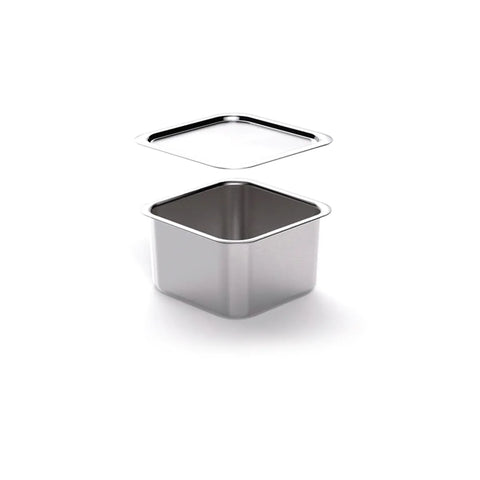 Stainless steel food pan with cover on a white background