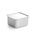 Metal storage container with lid on a white background