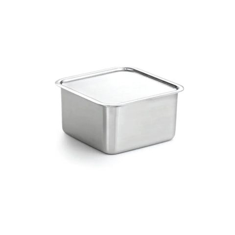 Metal storage container with lid on a white background
