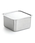 Stainless steel container with lid on a white background