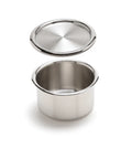 Stainless steel container with lid on a white background