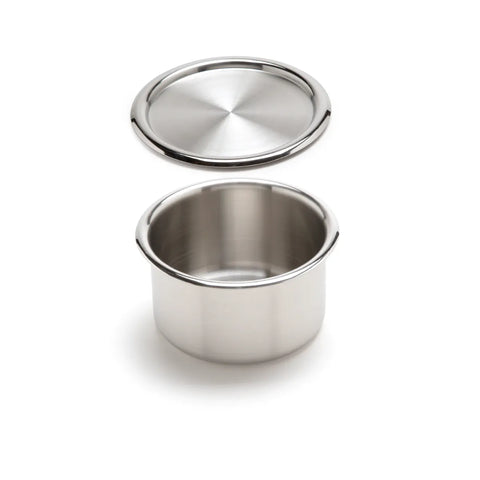 Stainless steel container with lid on a white background