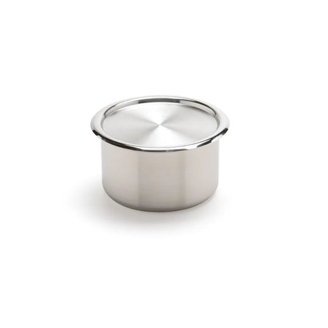 Stainless steel container with lid on a white background