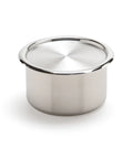 Stainless steel container with lid on a white background