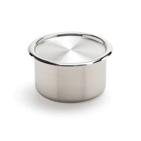 Stainless steel container with lid on a white background