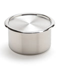 Stainless steel container with lid on a white background