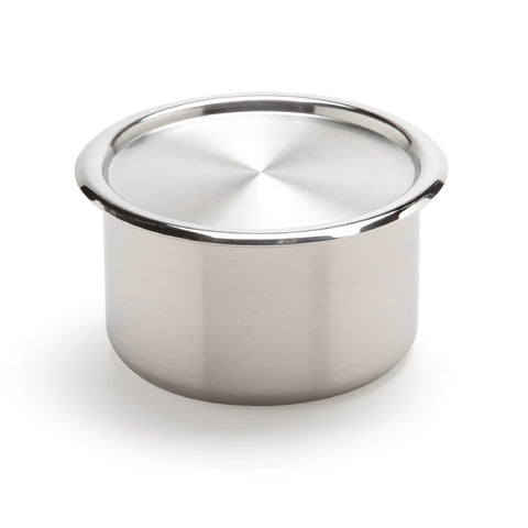 Stainless steel container with lid on a white background