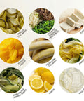 Illustration of various food items including pickled cucumber, assorted seasoned vegetables, tofu, pickled radish, Asian long cucumber, kimchi, dried outer cabbage leaves, lemon, and yogurt on a beige background.