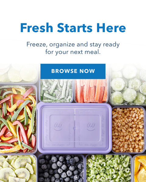 A collage of clear plastic freezer containers filled with assorted foods, including sliced carrots, cucumbers, green beans, strawberries, blueberries, and chopped vegetables, alongside a purple-lidded container. Large text on the left reads 'Fresh Starts Here' with a blue 'BROWSE NOW' button.