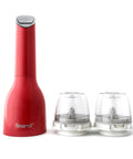 Red pepper grinder with two clear grinding chambers on a white background