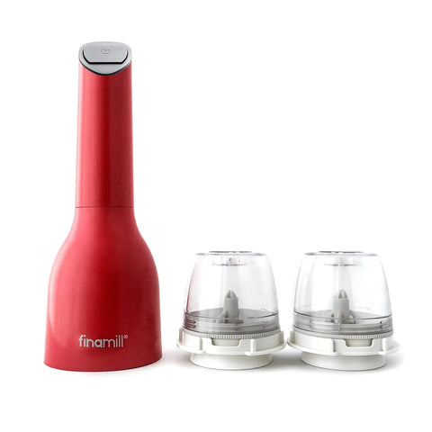 Red pepper grinder with two clear grinding chambers on a white background