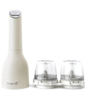 White electric pepper grinder with two clear pepper grinders on a white background