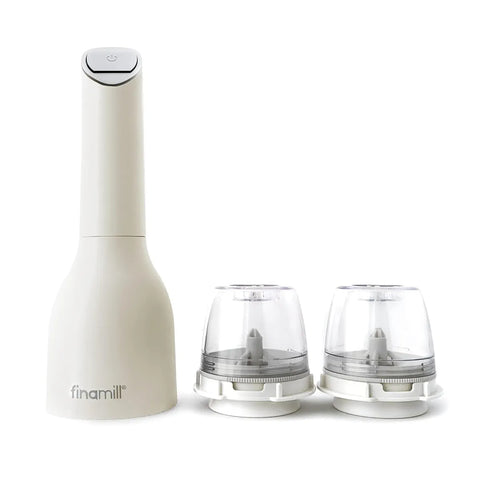 White electric pepper grinder with two clear pepper grinders on a white background
