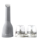 Gray pepper grinder with two clear pepper mills on a white background