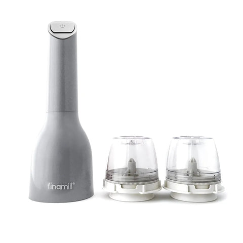 Gray pepper grinder with two clear pepper mills on a white background