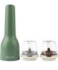 Green pepper grinder with two clear grinding chambers on a white background