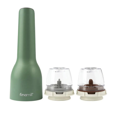 Green pepper grinder with two clear grinding chambers on a white background