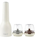 White electric pepper grinder with two clear grinding chambers on a white background