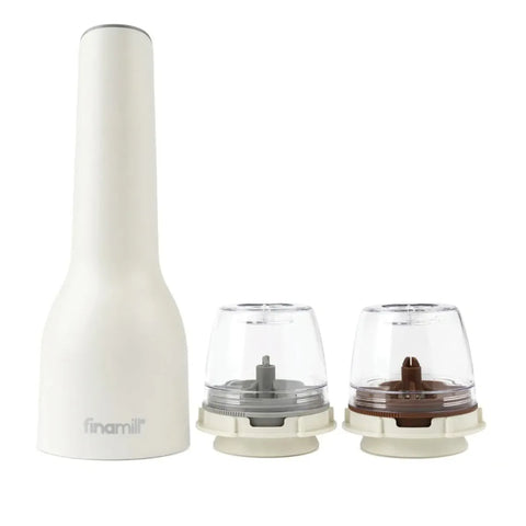 White electric pepper grinder with two clear grinding chambers on a white background