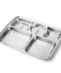 Stainless steel divided tray on a white background