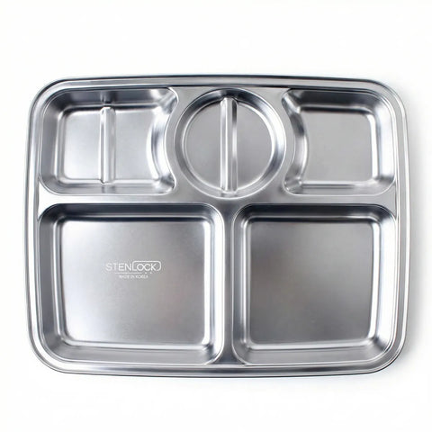 Stainless steel divided tray with 'STENLOCK' branding on a white background