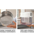 Two product images showing a strainer and a container with text about hygienic cleaning and stackable storage.