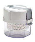 White and gray kitchen spinner with clear plastic base on a white background
