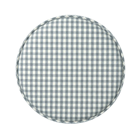 Round cushion with gray and white checkered pattern on a white background