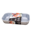 Rectangular metal food container with a label on a white background