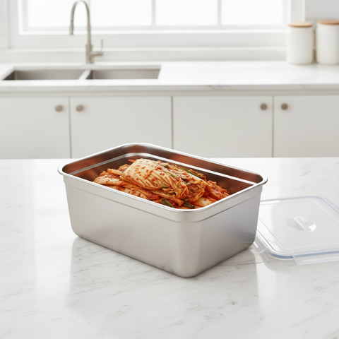 Stainless steel food container with kimchi on a kitchen counter