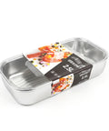 Stainless steel container with a colorful label on a white background